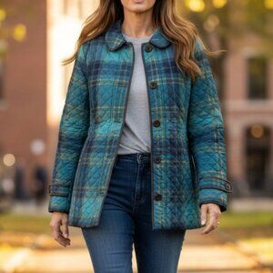 Lands End Quilted Jacket Womens XS Blue Teal Plaid Button Front Primaloft